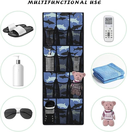 12-Pocket Behind The Door Storage Organizer, Oxford Material Waterproof Foldable and Designed for Bathroom Pantry or Bedroom Use, Blue Black Shark
