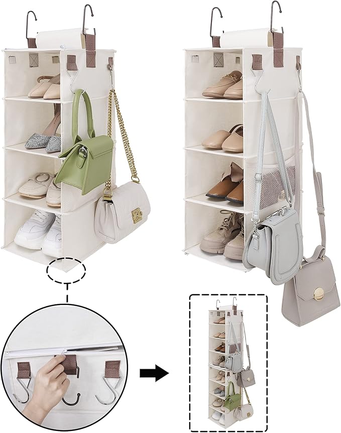 StorageWorks Hat Rack 8-Shelf Hanging Hat Organizer, Two Separate 4-Shelf Hat Storage, Baseball Cap Organizer for Closet, Canvas, Beige, 12 ¼"D x 9 ½"W x 54 ½"H