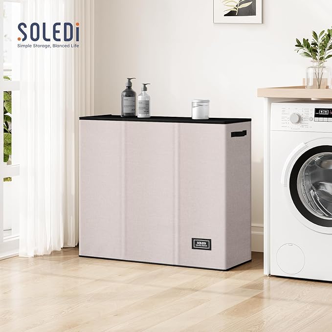 SOLEDI 180L 3-Section Laundry Hamper with Lid, Extra Large Dirty Clothes Basket with Sturdy Handles for Laundry Room & Bedroom - Durable Organizer for Sorting Laundry