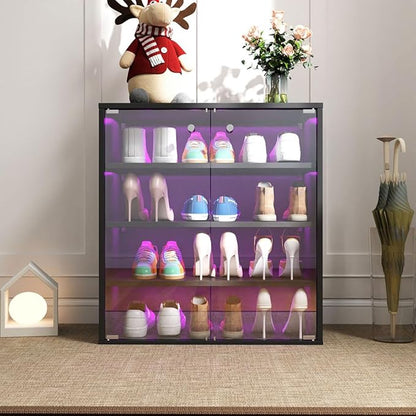 Shoe Box with RGB LED Light, Wooden Stackable Shoe Storage Box with Glass Door, Sneaker Storage Box Shoe Rack Container Holder, Shoe Storage Bin Shoe Display Case, for Shoe Collection
