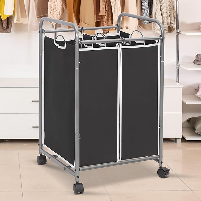STORAGE MANIAC Laundry Sorter 2 Section, 90 L Gal Laundry Hamper with Wheels, Clothes Basket Separator Sorter, 2 Bag Clothes Cart with Wheels and Removable Bags for Closet, Dorm, Collage, Black