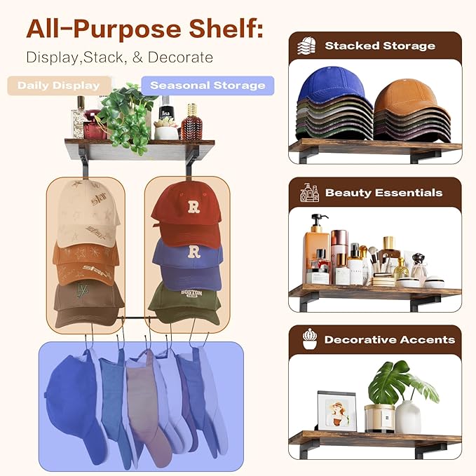 Keebofly Wall Hat Rack with Shelf, Multi-function Baseball Cap Organizer & Holder with 12 Hooks，Displays & Stores 60+ Caps, Multi-Level Wall Mount Hat Organizer Stand for Closet, Entryway, Bedroom