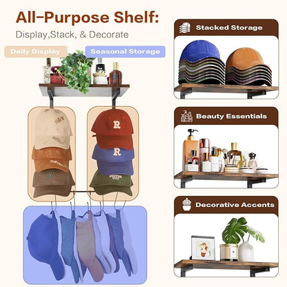 Keebofly Wall Hat Rack with Shelf, Multi-function Baseball Cap Organizer & Holder with 12 Hooks，Displays & Stores 60+ Caps, Multi-Level Wall Mount Hat Organizer Stand for Closet, Entryway, Bedroom