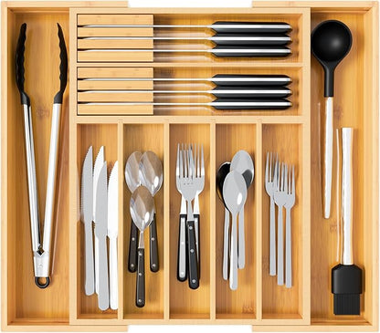 Dunruz Bamboo Expandable Drawer Organizer for Kitchen Utensils, Adjustable Silverware Tray with 9 Deep Slots for Large Spoons & Knives, Natural Wood Flatware Caddy for Cutlery Storage (Fits 13"-20")