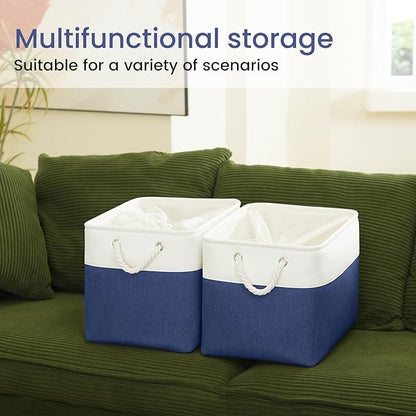 Large Storage Baskets- 16x12x12 inch Storage Bins for Shelves and Closet Organizing, Foldable Fabric Bin for Home Organization Clothes and Laundry (1-Pack, White&Blue)