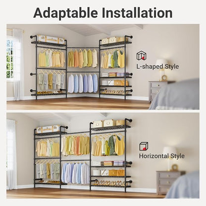 Timate F3 Plus Wall Mounted Clothes Rack Industrial Pipe Clothing Rack for Hanging Clothes, Heavy Duty Clothes Rack with Shelves, Expandable Garment Rack Wall Closet System, Black Pipe Closet Kit