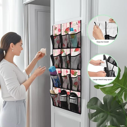 Strawberry Stripe Hanging Storage Bags,Shoe Organizer Door Hanger with 12 Mesh Large Pockets,Behind Door Shoes Hang Holder Rack