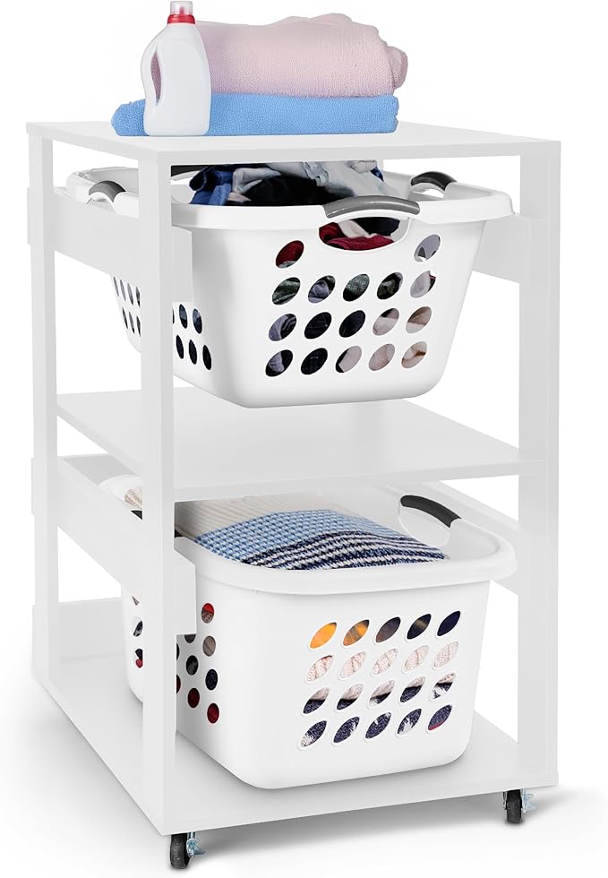 Laundry Basket Holder Shelf – Stackable Engineered Wood Laundry Tower with Wheels, Tiered Laundry Hamper Organizer for Bathroom, Bedroom, Closet (White, 2 Tier)
