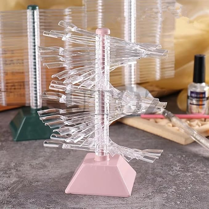60 Sticks Nail Art Color Chart Display Stand Spiral False Nails Display Shelf Practice Tools For Solon Nails Polish Gel Show (Pink Base, Clear Oval)