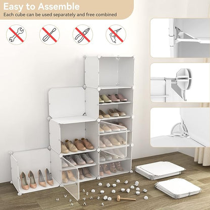 Portable Shoe Rack Organizer with Door, 48 Pairs Shoe Storage Cabinet Easy Assembly, Plastic Adjustable Shoes Organizer Stackable Detachable Free Standing Shoes Rack White