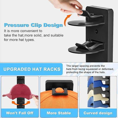 Eiito Hat Organizer for Baseball Caps, 4 Pack Strong Adhesive Hat Rack for Wall, Multilayer Hat Storage Display Holder, Wall Mounted Hat Hooks Hold up to 16 Hats for Closet (Black 4PCS)
