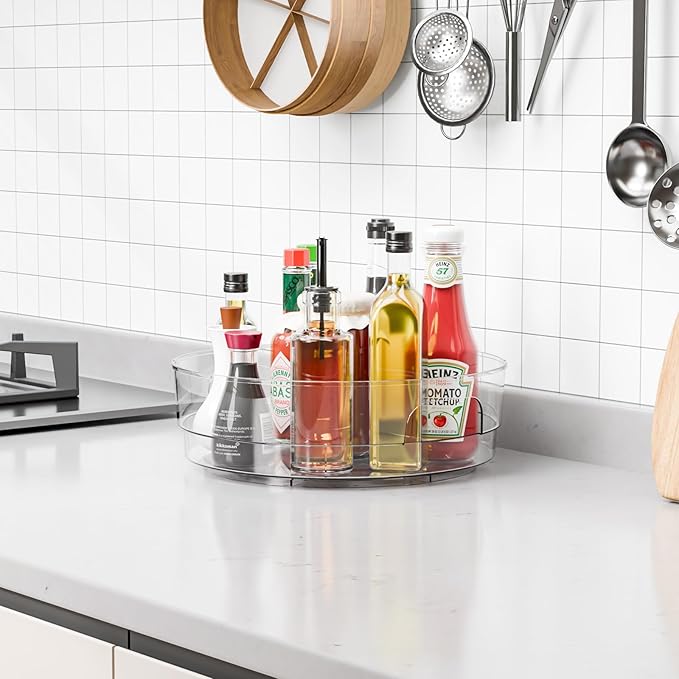 Yieach 4 Pack 12" W Clear Acrylic Lazy Susan Turntable for Cabinet,Refrigerator,Pantry and Kitchen - with Handle - Large Fridge Sauce Condiment Turn Table Organizer,Spinning Round Spice Rack Carousel