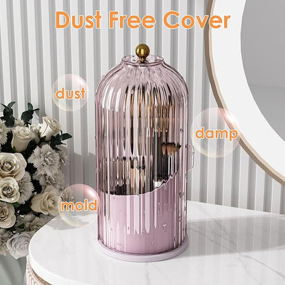 YOOLENS Makeup Brush Holder with Lid 360 Rotating Clear Dustproof Make Up Organizers for Vanity Bathroom Countertop, Pink