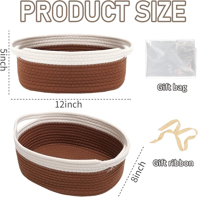 JMvicyroam Woven Basket,Small Rope Storage Bin with Handles & Ribbon Bag, Organizer for Shelves Closets,Gift Basket Empty for Birthday,Books,Dog Toys, White&Brown