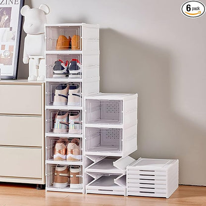 GUDEMAY Drop Front Shoe Storage Box, No Assembly Stackable Shoe Organizer Storage Bin with Clear Door, Free Standing Shoe Shelf Cabinet with Lid, Plastic Shoe Rack for Closet Entryway, 6-Tier