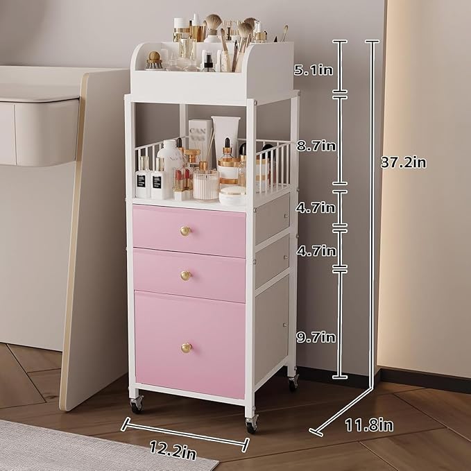 Makeup Organizer Cart with Drawers, Make up Organizers for Vanity, Floor Skincare Organizers- for Cosmetics, Nail Polish, Art Supply, Bathroom Vanity Desktop Organizer (White)