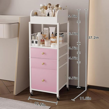 Makeup Organizer Cart with Drawers, Make up Organizers for Vanity, Floor Skincare Organizers- for Cosmetics, Nail Polish, Art Supply, Bathroom Vanity Desktop Organizer (White)