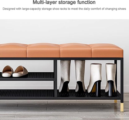 3 Tier Shoe Organizer for Entryway, Shoe Racks with Cushion, Black Metal Frame Hallway Bench for Living Room Bedroom,Black,80 x 32 x 47 cm