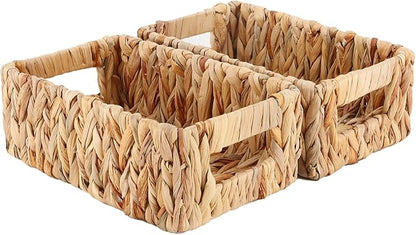 YAHUAN Woven Water Hyacinth Baskets for Organizing, Rectangular Wicker Baskets with Built-in Handles, Small Storage Baskets for Shelves (Water Hyacinth 2-Pack)