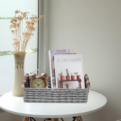Small Storage Basket Wicker Baskets for Organizing with Handle Decorative Storage Bin for Countertop Toilet Paper Basket for Toilet Tank Top Small Baskets,Light Grey