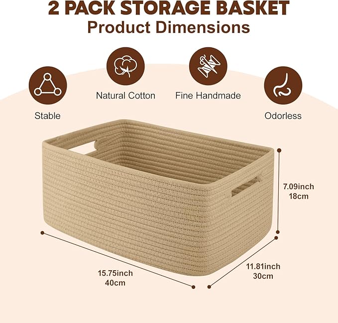OIAHOMY Storage Basket for Shelves, Closet Cube Storage Bins Baskets for Clothes Blanket Towels, Baby Nursery, Toy Baskets Box, Woven Rope Basket, 15.75 * 11.81 * 7.09 ININ, 2 Packs Jute Yellow