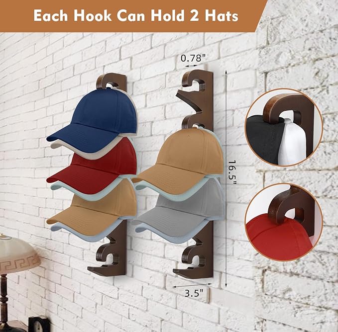 Hat Rack Hats Organizer for Baseball Caps Wood Cap Storage Hat Hooks for Wall Baseball Hat Storage Organizer Hat Display Up to 20 Hats for Closet Wall, Set of 2