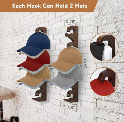 Hat Rack Hats Organizer for Baseball Caps Wood Cap Storage Hat Hooks for Wall Baseball Hat Storage Organizer Hat Display Up to 20 Hats for Closet Wall, Set of 2