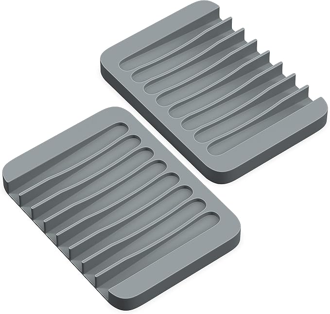 ZAPPOWARE 2-Pack Silicone Soap Dish with Drain - Bar Soap Holder for Shower & Bathroom Sink - Self Draining Waterfall Soap Saver Tray for Kitchen, Prevents Sticky Mess, Easy to Clean (Gray)