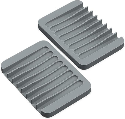ZAPPOWARE 2-Pack Silicone Soap Dish with Drain - Bar Soap Holder for Shower & Bathroom Sink - Self Draining Waterfall Soap Saver Tray for Kitchen, Prevents Sticky Mess, Easy to Clean (Gray)