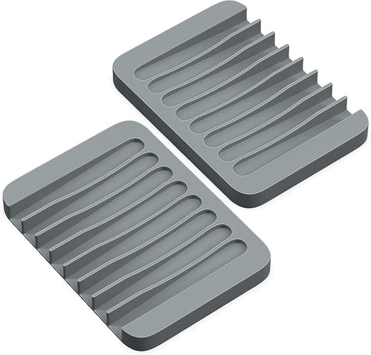 ZAPPOWARE 2-Pack Silicone Soap Dish with Drain - Bar Soap Holder for Shower & Bathroom Sink - Self Draining Waterfall Soap Saver Tray for Kitchen, Prevents Sticky Mess, Easy to Clean (Gray)