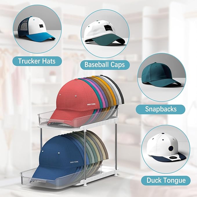 Gomyrod Hat Rack for Baseball Caps, 2-Tier Clear Hat Organizer for Closet Space Saving Hat Storage Holds up to 20 Caps, Pull-Out Cabinet Organiser with Track for Closet & Bedroom