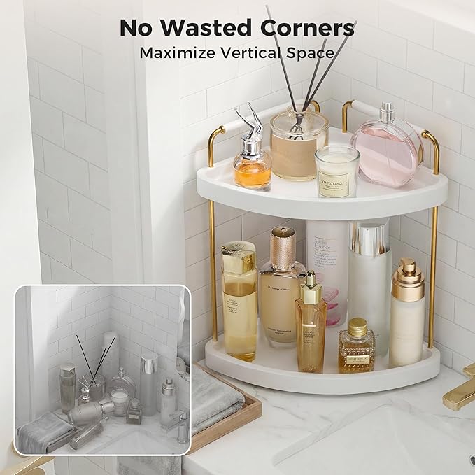 Vtopmart 2-Tier Bathroom Corner Countertop Organizer, Vanity Dresser Counter Tray Shelf for Skincare, Perfume, Makeup, Gold