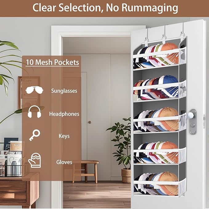 KYEVIS Over the Door Hat Organizer for Baseball Caps, Hold up to 60 Hats Rack Storage for Door/Closet/Wall, Clear Pockets Hanging Hat Holder for Baseball Caps with 10 Mesh Pockets, Grey