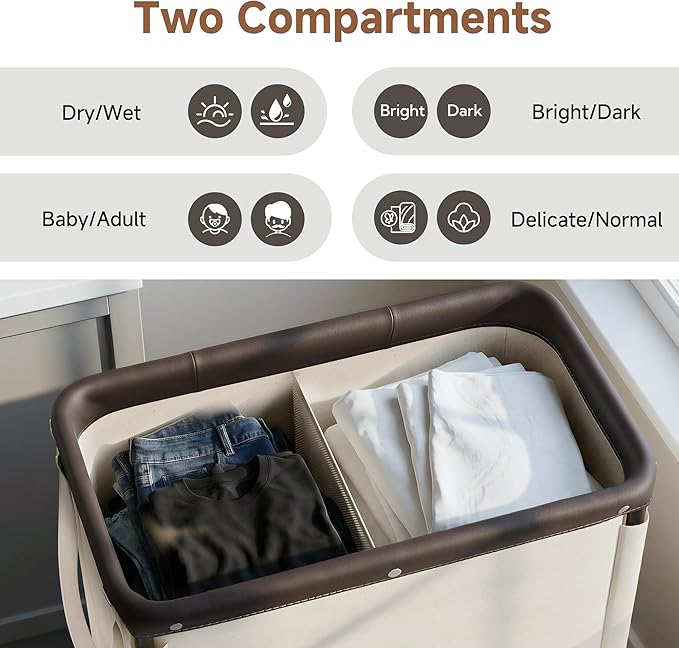 StorageWorks 2 Section Laundry Hamper, Rolling Laundry Cart with Wheels and Handles, Laundry Room Double Sorter for Organizer and Storage, 26.4 Gal(100L), Beige