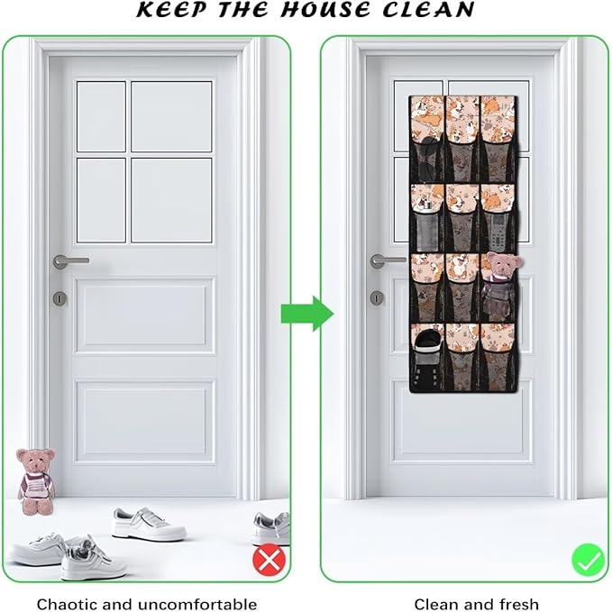 Cute Corgi Door Hanger Organizer Mesh Fabric Behind Door Organizer for Closet 12 Pockets Shoe Holder Hanger Space Saving Wall Hanging Storage for Kids Room