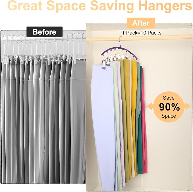 Legging Organizer for Closet, Metal Yoga Pants Hanger w/Rubber Coated 2 Pack w/10 Clips Hold 20 Leggings, Hangers Space Saving Hanging Hangers for Closet Organizers and Storage-Purple