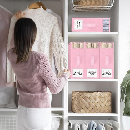 StorageTastic 6 Pack Bed Sheet Closet Organizers and Storage,Sturdy Foldable Storage Containers with Window and Label,Storage and Organization for Bedding Sheets,Duvet Covers,Blankets (Pink)