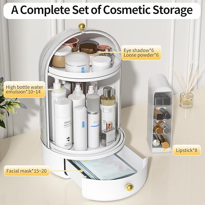 Skincare Organizers with Lids, 360 Rotating Makeup Storage Organizer with Lipstick Holder,Cosmetics Skincare Organizers with Lid and Drawer Cosmetic Display Cases for Countertop (Black)