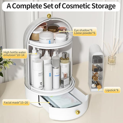 Skincare Organizers with Lids, 360 Rotating Makeup Storage Organizer with Lipstick Holder,Cosmetics Skincare Organizers with Lid and Drawer Cosmetic Display Cases for Countertop (Black)