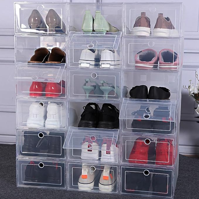 Housoutil 4pcs Pp Plastic Shoe Storage Boxes Drawer-style Stackable Shoe Organizer for Home Closet and Entryway