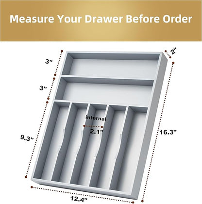 Besilord Silverware Organizer 13 Inch Gray Bamboo Kitchen Drawer Organizer 7 Slots Utensil Organizer Silverware Holder Cutlery Organizer Flatware Tray (Large)