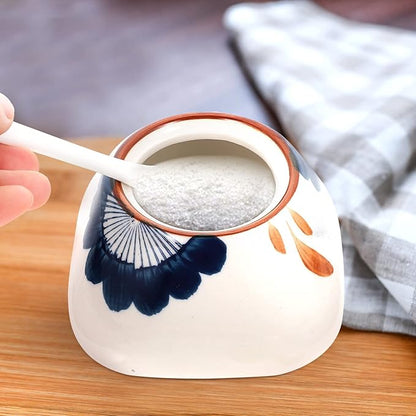 Zerodeko Ceramic Seasoning Jar with Spoon 10Oz Kitchen Spice Container for Salt Sugar Pepper Sauce Storage with Lid Elegant Design