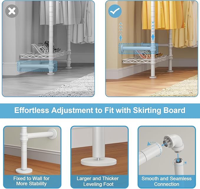 Timate X3i Garment Rack for Hanging Clothes Load 980lbs, Expandable Wall Mounted Closet System with Baskets Industrial Pipe Heavy Duty Clothes Rack Walk in Closet, Adjustable from 5'10" to 8'3", White