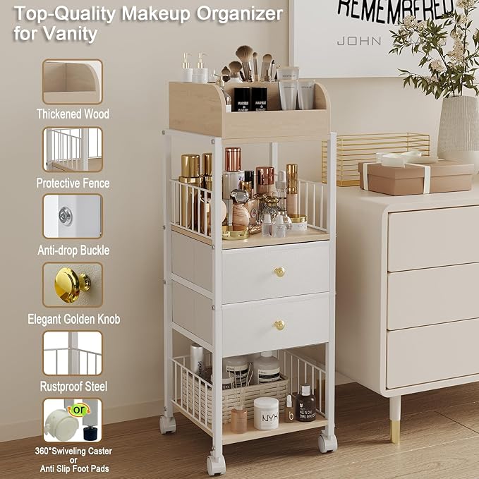 Floor Makeup Organizer Storage Cart - Rolling Makeup Cart with Drawers, Skincare Make Up Organizers and Storage, Cosmetics Display Cases Holder for Skin Care Nail Polish Perfume Makeup Brush (White)