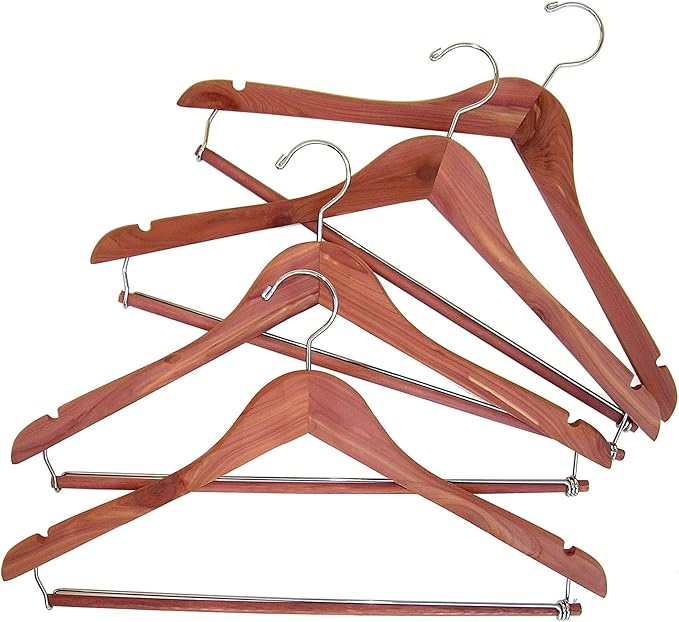 Household Essentials CedarFresh Cedar Coat Hangers, Pack of 4, 100% Eastern Red Cedar, Lockable Crossbar, Slip-Resistant Notches, and Chemical-Free Moth Deterrent, Non-Staining, Natural
