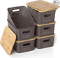 Plastic Storage Baskets with Bamboo Lids, Stackable Small Box Bins for Organizing and Containers for Shelves Drawers Desktop Closet Pantry Classroom Office Home, 6 Pack 10.2x7.2x4.1 Inch, Brown