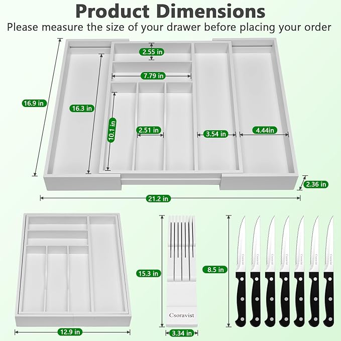 9-Piece Bamboo Kitchen Drawer Organizer Set, Expandable Silverware &Utensil Organizer with Removable Knife Block & Steak Knives, Flatware Organization, Tableware Dividers Storage(White)