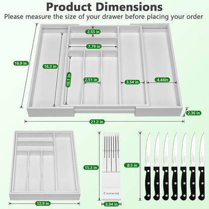 9-Piece Bamboo Kitchen Drawer Organizer Set, Expandable Silverware &Utensil Organizer with Removable Knife Block & Steak Knives, Flatware Organization, Tableware Dividers Storage(White)