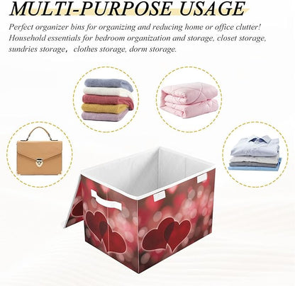 senya Valentines Baskets Collapsible Storage Bins with Lids, Hearts Bokeh Effect Storage Boxes Clothes Baskets for Organizing