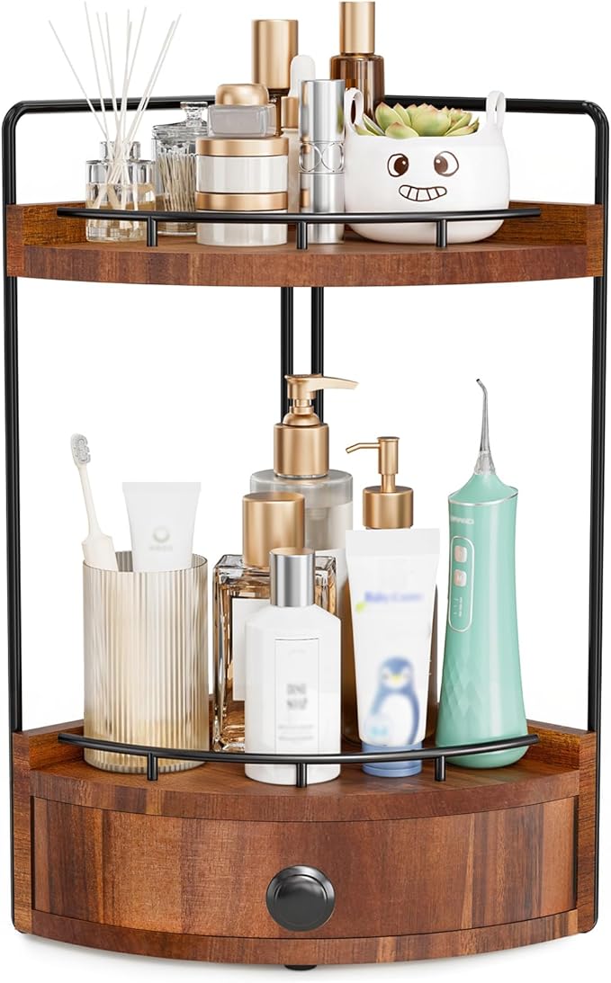 2-Tier Corner Bathroom Counter Organizer with Drawer & Embedded Screw Holes - Wooden Countertop Organizers for Skincare, Makeup Storage, Bathroom Sink Counter Shelf for Vanity, Acacia Wood-Brown